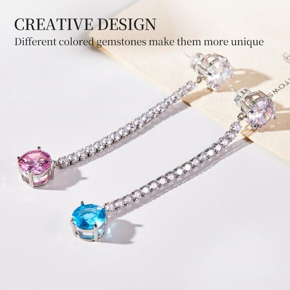 Asymmetrical Pink & Blue Cubic Zirconia Drop Earrings 3.15" Gold Plated for Wome - Picture 5 of 7